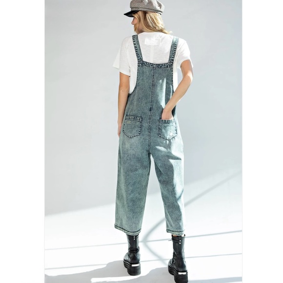 Easel Stone Wash Wide Leg Overalls (Washed Denim) Size Small - Picture 5 of 5